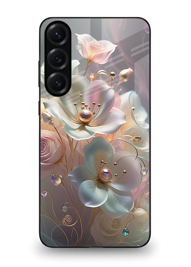 Rose orb artwork on Samsung S24 FE glass back cover with glowing romantic tones.