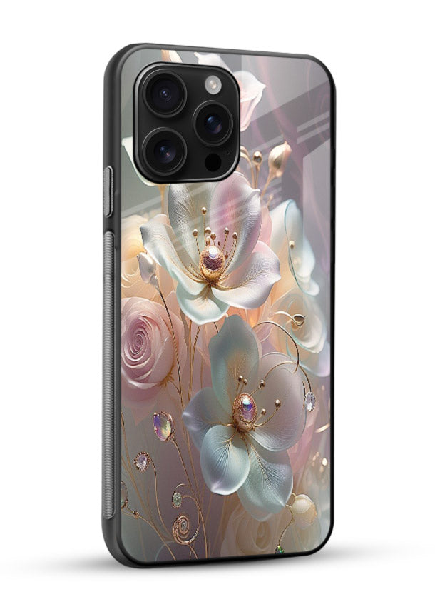 Rose orb artwork on glossy vibrant premium glass back cover with glowing romantic tones. - Angle Side