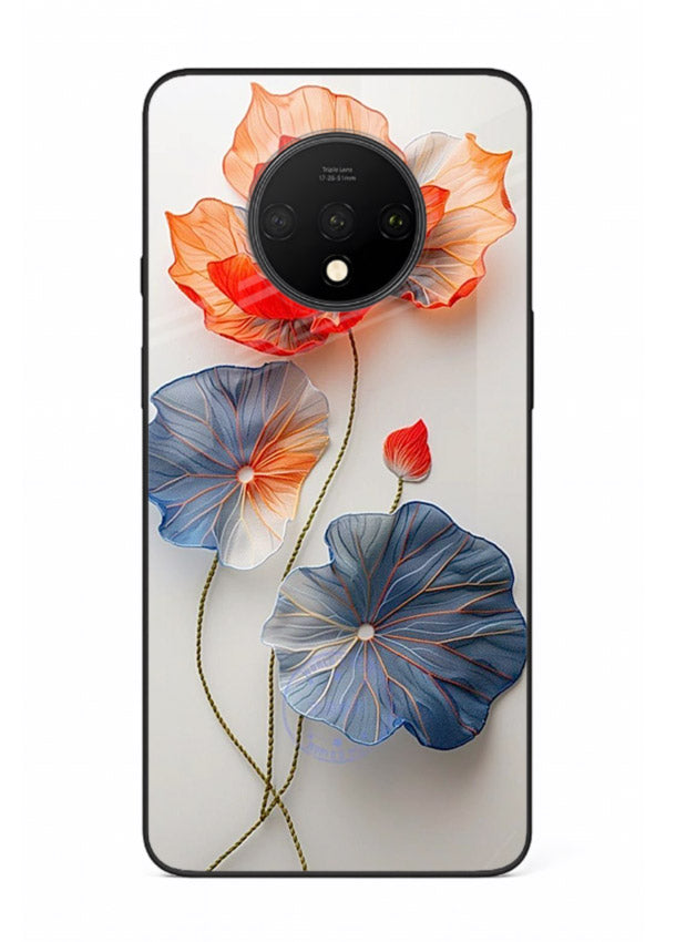 Dual-tone floral artwork on OnePlus 7T glass back cover with smooth blended tones.