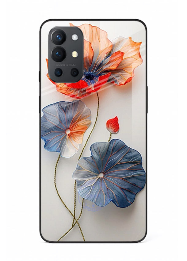 Dual-tone floral artwork on OnePlus 9R glass back cover with smooth blended tones.