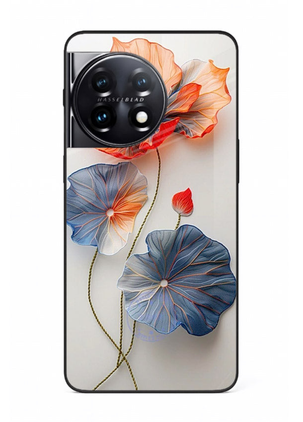 Dual-tone floral artwork on OnePlus 11R glass back cover with smooth blended tones.