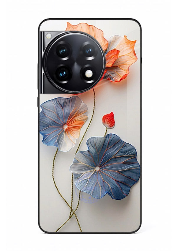 Dual-tone floral artwork on OnePlus 12R glass back cover with smooth blended tones.