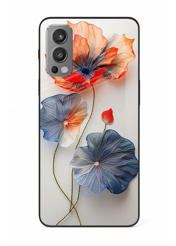 Dual-tone floral artwork on OnePlus Nord 2 glass back cover with smooth blended tones.