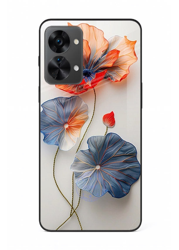 Dual-tone floral artwork on OnePlus Nord 2T glass back cover with smooth blended tones.