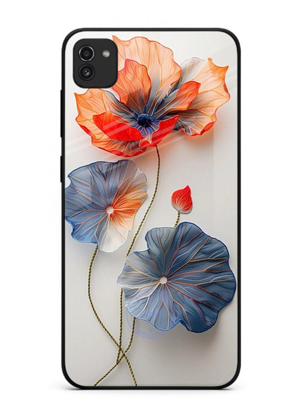 Dual-tone floral artwork on Samsung A03 glass back cover with smooth blended tones.