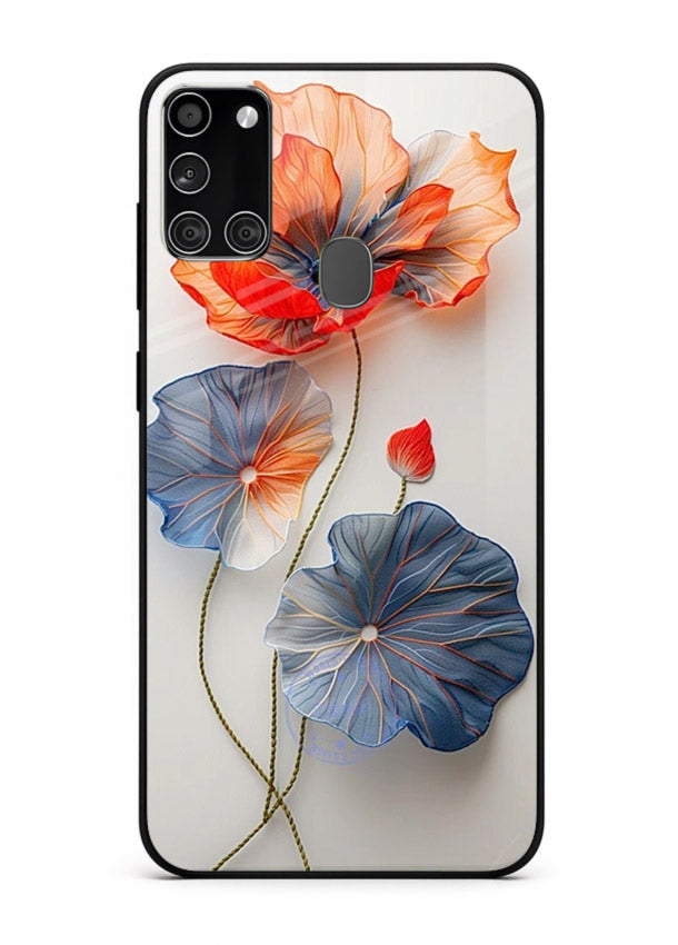 Dual-tone floral artwork on Samsung A21s glass back cover with smooth blended tones.