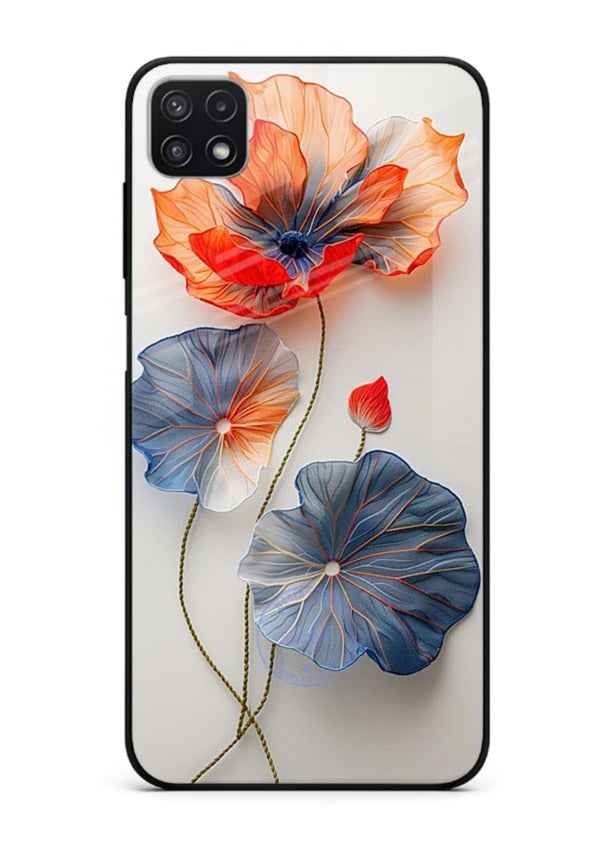 Dual-tone floral artwork on Samsung F42 5G glass back cover with smooth blended tones.