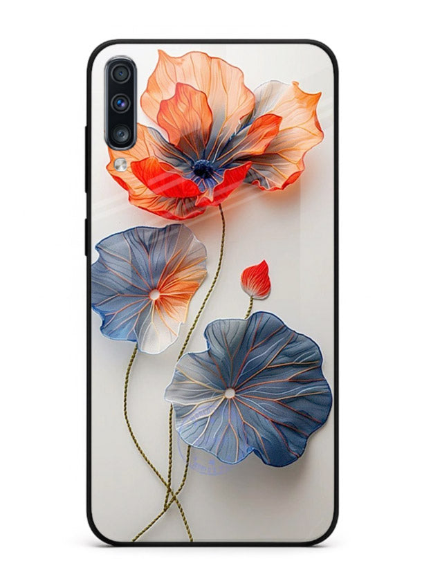 Dual-tone floral artwork on Samsung A50 glass back cover with smooth blended tones.