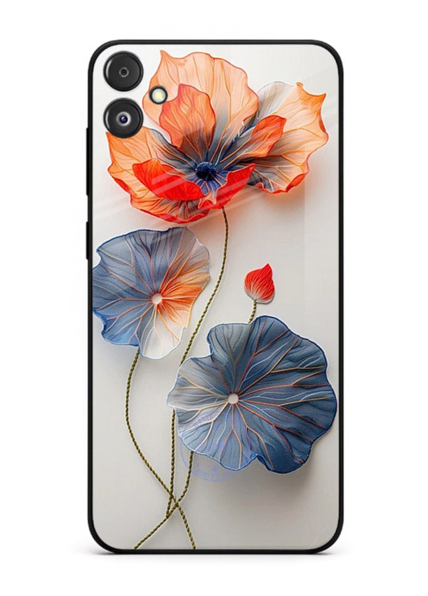 Dual-tone floral artwork on Samsung F14 5G glass back cover with smooth blended tones.