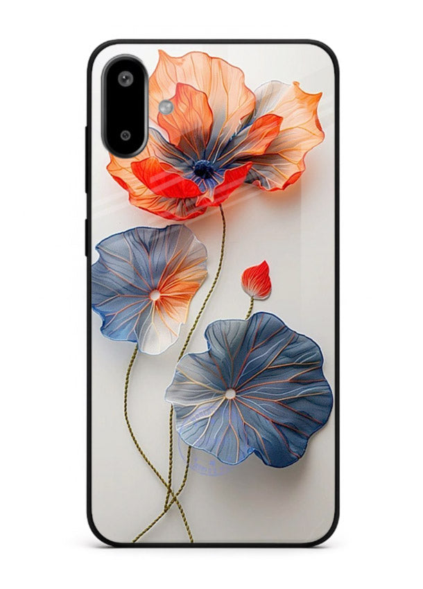 Dual-tone floral artwork on Samsung F06 5G glass back cover with smooth blended tones.