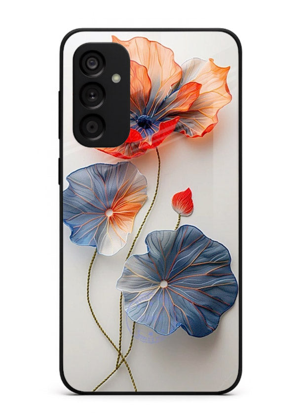 Dual-tone floral artwork on Samsung M15 5G glass back cover with smooth blended tones.