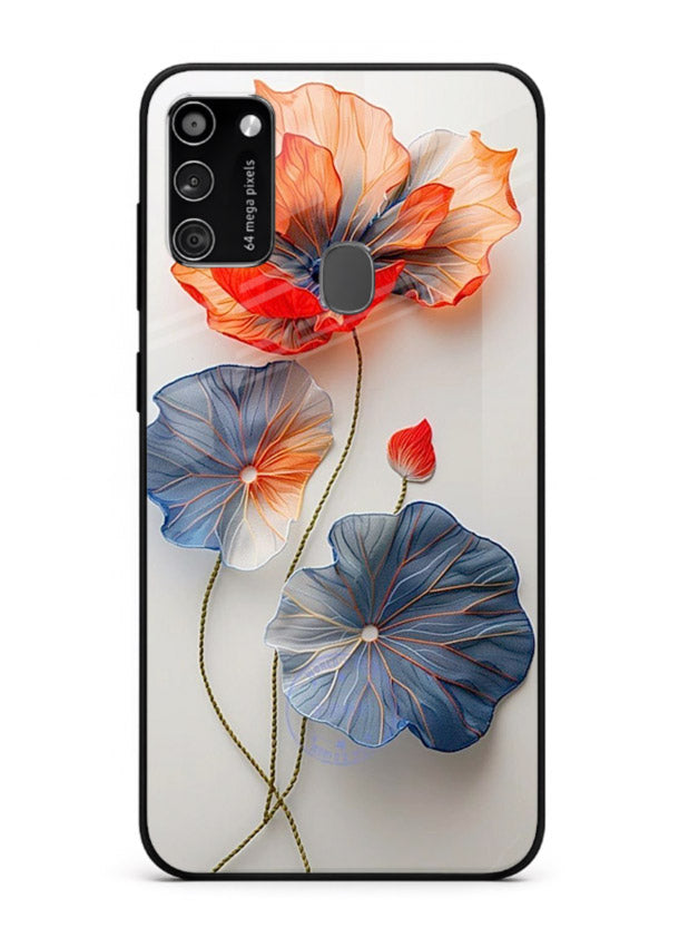 Dual-tone floral artwork on Samsung M30s glass back cover with smooth blended tones.