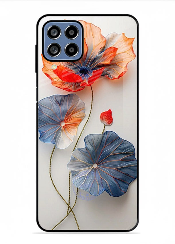 Dual-tone floral artwork on Samsung M33 5G glass back cover with smooth blended tones.