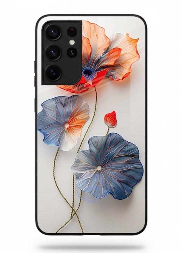 Dual-tone floral artwork on Samsung S21 Ultra glass back cover with smooth blended tones.