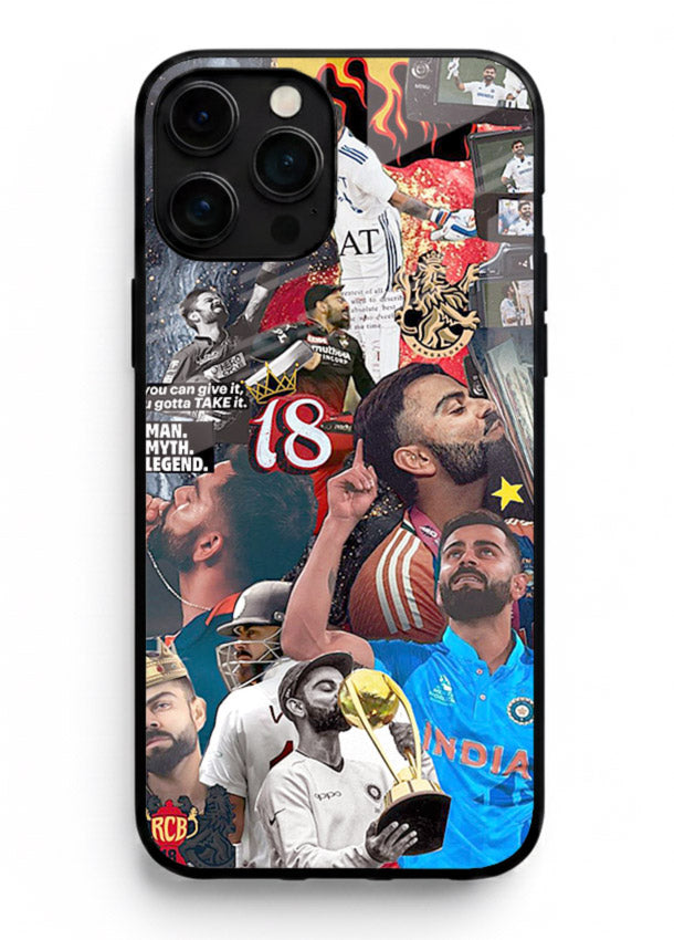 Fiery number eighteen cricket artwork printed on glossy tempered glass iPhone 14 Pro Max back cover