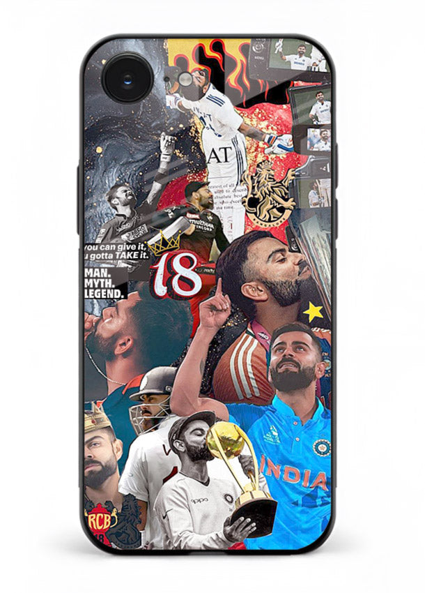 Fiery number eighteen cricket artwork printed on glossy tempered glass iPhone 16E back cover