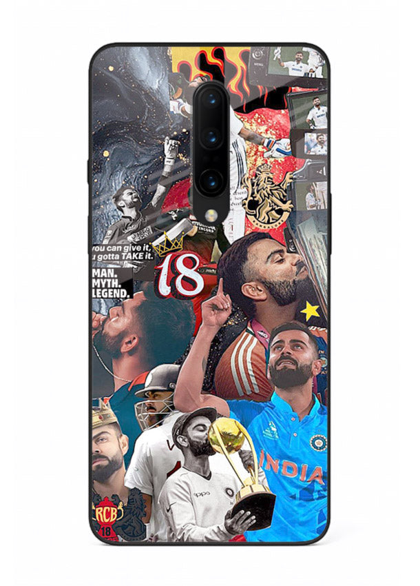 Fiery number eighteen cricket artwork printed on glossy tempered glass OnePlus 7T Pro back cover