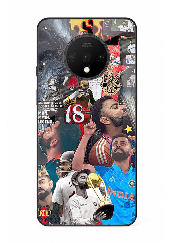 Fiery number eighteen cricket artwork printed on glossy tempered glass OnePlus 7T back cover