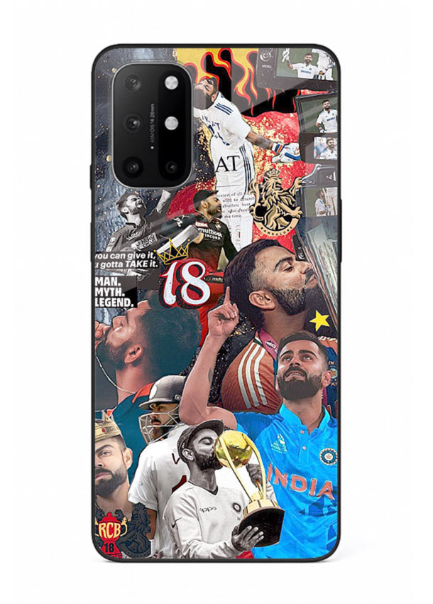 Fiery number eighteen cricket artwork printed on glossy tempered glass OnePlus 8T back cover