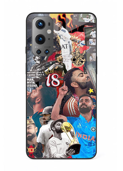 Fiery number eighteen cricket artwork printed on glossy tempered glass OnePlus 9 back cover