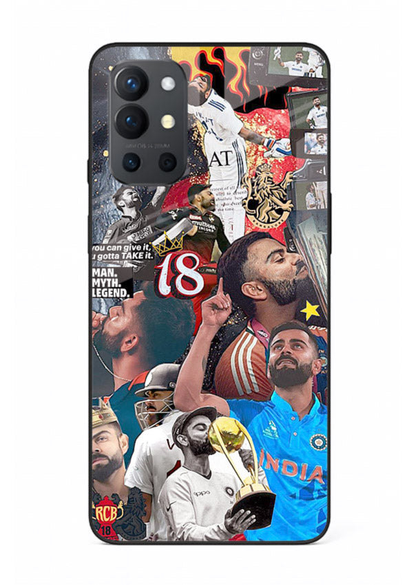 Fiery number eighteen cricket artwork printed on glossy tempered glass OnePlus 9R back cover