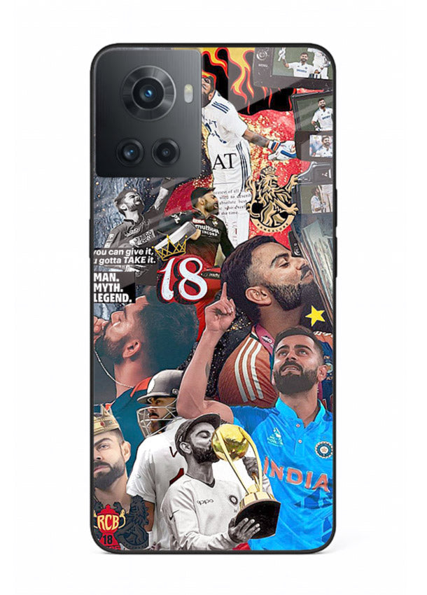 Fiery number eighteen cricket artwork printed on glossy tempered glass OnePlus 10R back cover