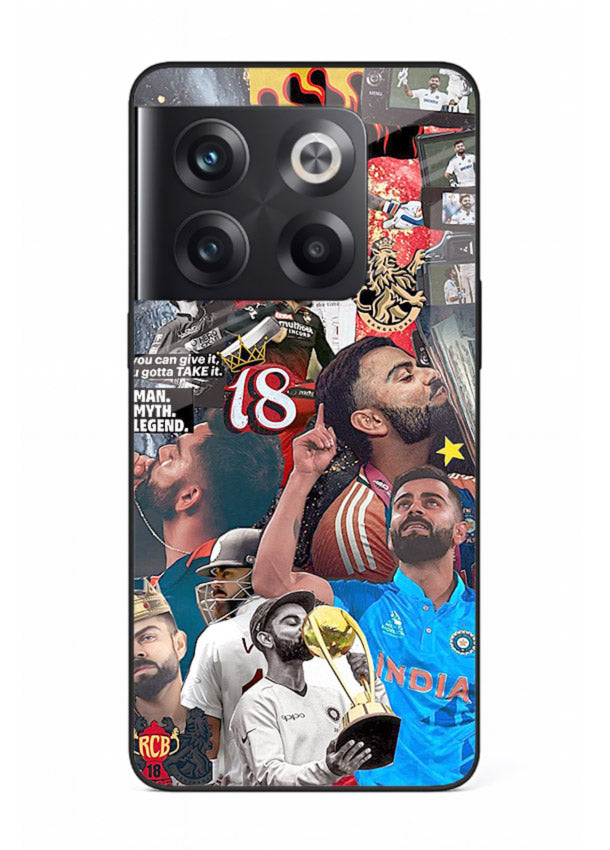 Fiery number eighteen cricket artwork printed on glossy tempered glass OnePlus 10T back cover
