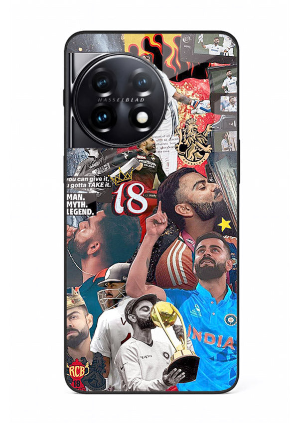 Fiery number eighteen cricket artwork printed on glossy tempered glass OnePlus 11 back cover