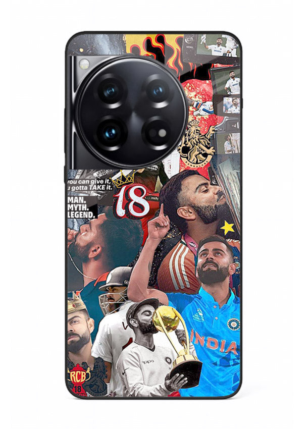 Fiery number eighteen cricket artwork printed on glossy tempered glass OnePlus 12 back cover