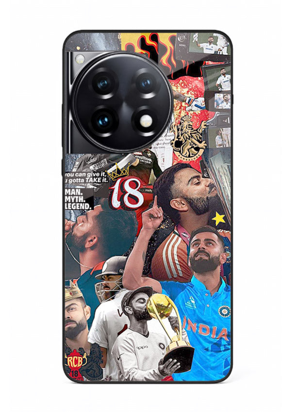 Fiery number eighteen cricket artwork printed on glossy tempered glass OnePlus 12R back cover