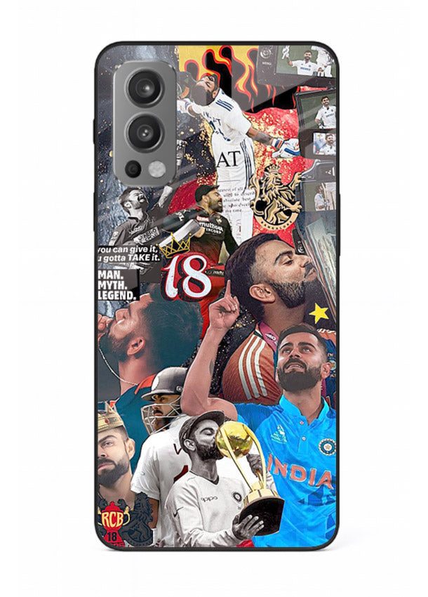 Fiery number eighteen cricket artwork printed on glossy tempered glass OnePlus Nord 2 back cover