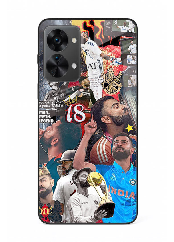 Fiery number eighteen cricket artwork printed on glossy tempered glass OnePlus Nord 2T back cover