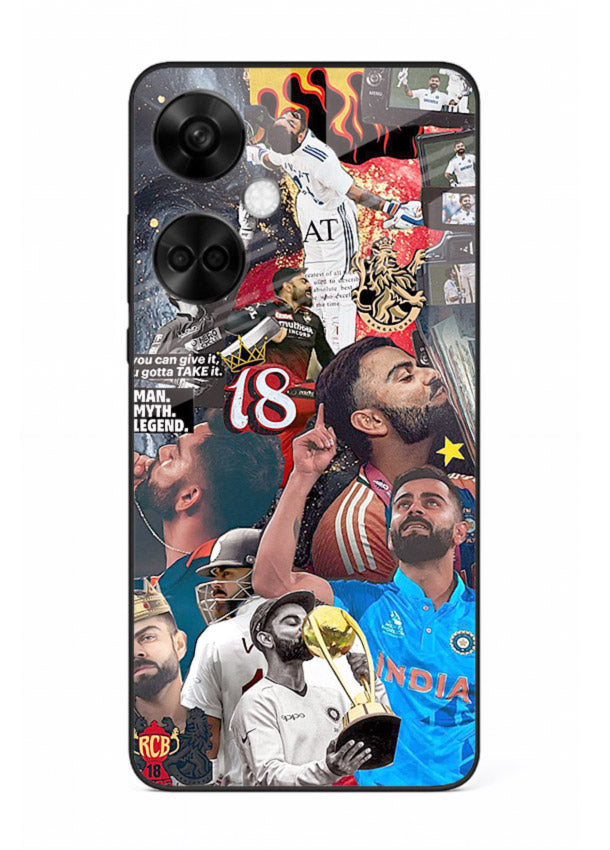 Fiery number eighteen cricket artwork printed on glossy tempered glass OnePlus Nord CE3 back cover