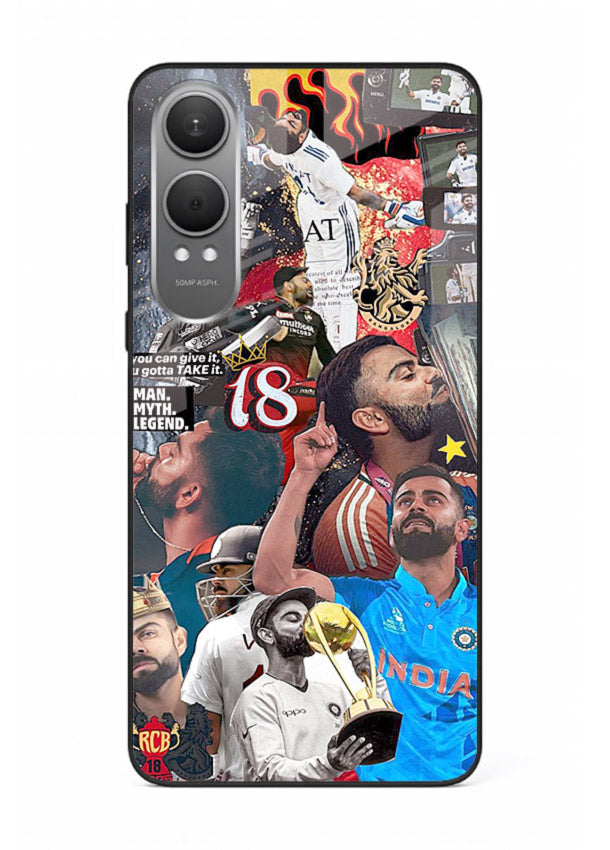 Fiery number eighteen cricket artwork printed on glossy tempered glass OnePlus Nord CE4 Lite back cover