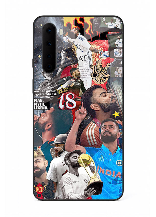 Fiery number eighteen cricket artwork printed on glossy tempered glass OnePlus Nord back cover