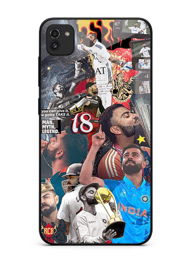 Fiery number eighteen cricket artwork printed on glossy tempered glass Samsung A03 back cover
