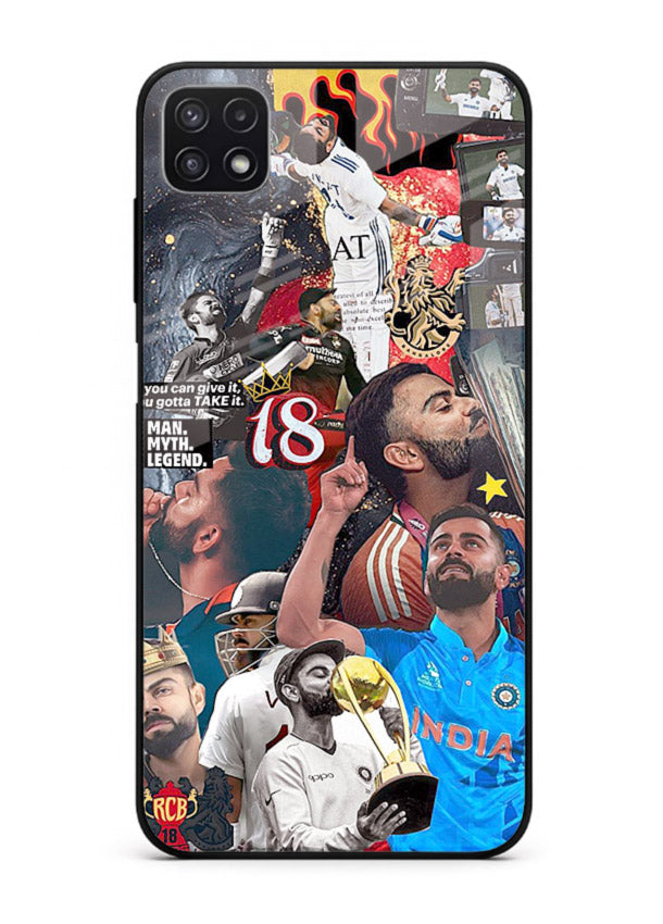 Fiery number eighteen cricket artwork printed on glossy tempered glass Samsung A22 5G back cover