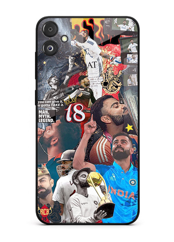 Fiery number eighteen cricket artwork printed on glossy tempered glass Samsung F05 5G back cover