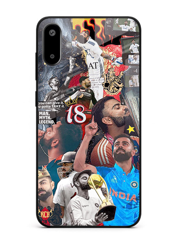 Fiery number eighteen cricket artwork printed on glossy tempered glass Samsung F06 5G back cover