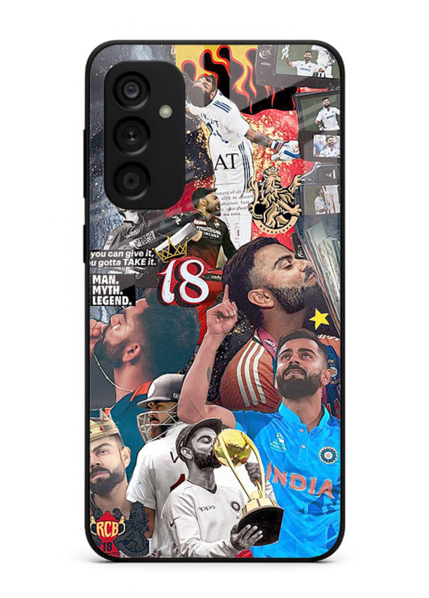 Fiery number eighteen cricket artwork printed on glossy tempered glass Samsung A34 5G back cover