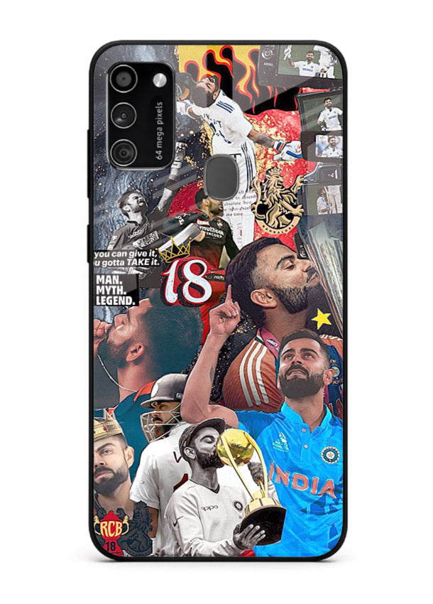 Fiery number eighteen cricket artwork printed on glossy tempered glass Samsung M21 back cover