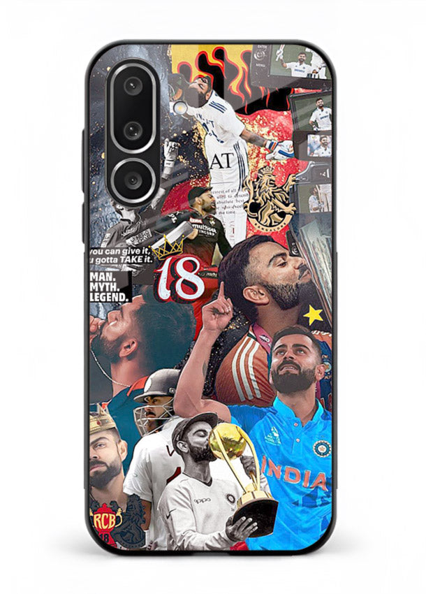 Fiery number eighteen cricket artwork printed on glossy tempered glass Samsung F56 5G back cover