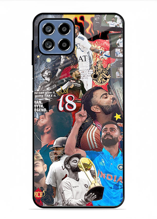 Fiery number eighteen cricket artwork printed on glossy tempered glass Samsung F22 4G back cover