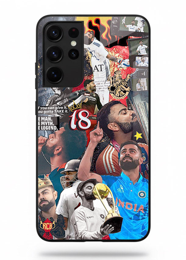Fiery number eighteen cricket artwork printed on glossy tempered glass Samsung S21 Ultra back cover