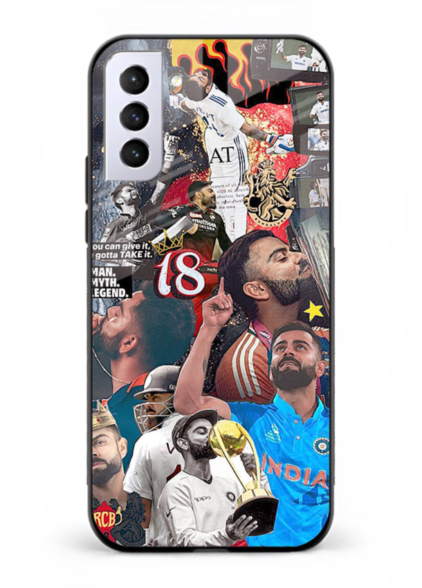 Fiery number eighteen cricket artwork printed on glossy tempered glass Samsung S21 FE back cover