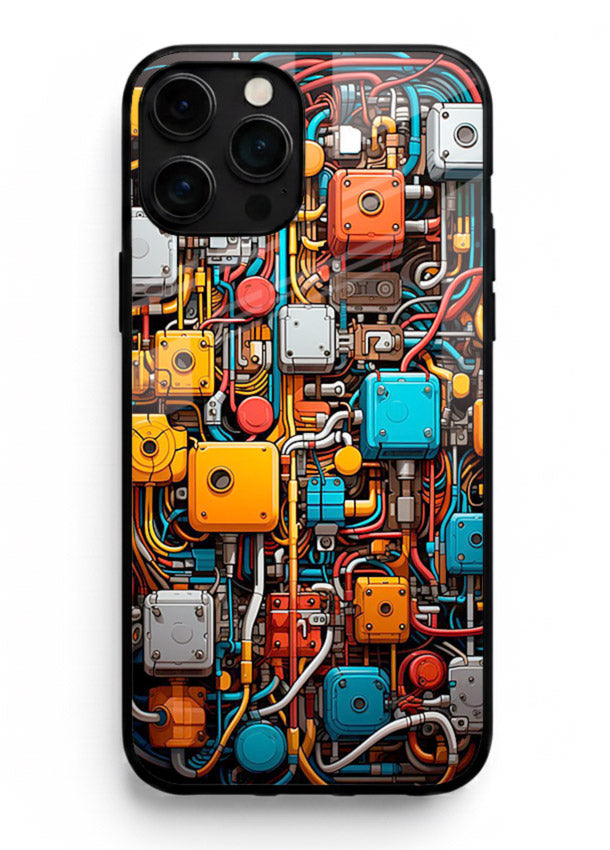 Dark futuristic circuit board design with glowing elements for iPhone 14 Pro Max Back Cover