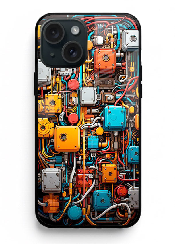 Dark futuristic circuit board design with glowing elements for iPhone 13 Back Cover