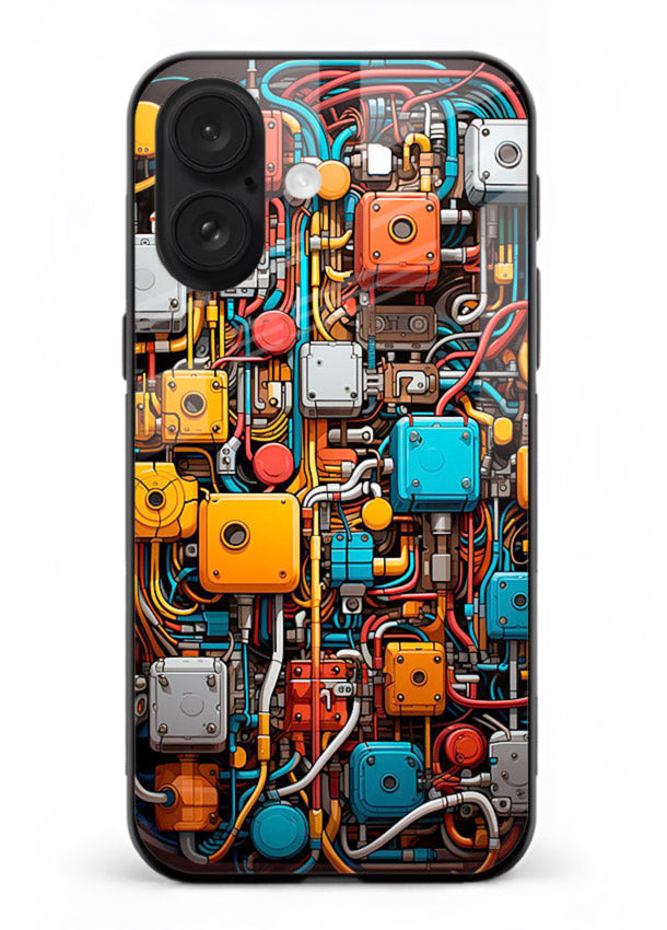 Dark futuristic circuit board design with glowing elements for iPhone 16 Back Cover