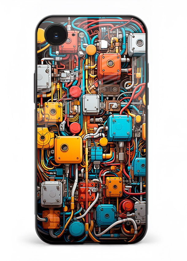 Dark futuristic circuit board design with glowing elements for iPhone 16E Back Cover