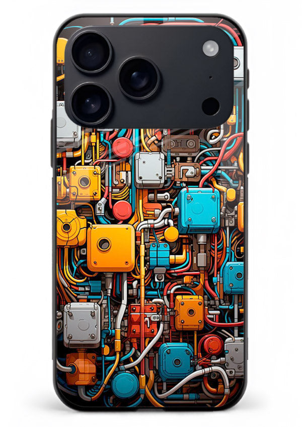 Dark futuristic circuit board design with glowing elements for iPhone 17 Pro Max Back Cover